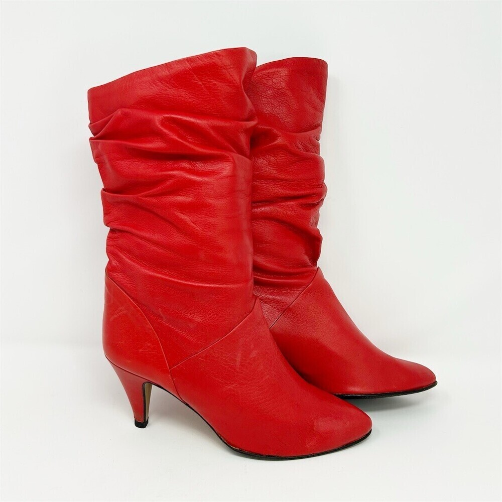 Vintage Made in Italy Red Leather Knee High Slouched Pull On Heeled Boots Size 7